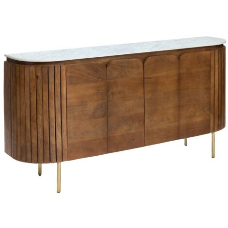 Made In Meubles – Buffet arrondi en bois de manguier et marbre Sienne – Dimensions 170 x 40 x 85 cm – Style moderne et élégant – Base en métal doré (1/5)