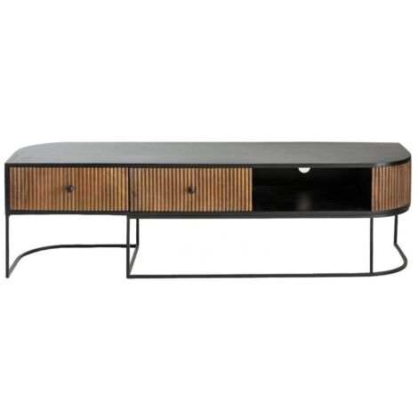 Made In Meubles – Meuble TV arrondi en bois de manguier et métal noir – Dimensions 46x160x40 cm – 2 tiroirs et compartiment ouvert pour rangement (1/5)