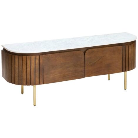 Made In Meubles – Meuble TV en bois de manguier et marbre blanc – Dimensions 140x40x52 cm – Style contemporain avec rangement – Pieds en métal doré (1/5)