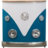 Made In Meubles – Meuble bar bleu vintage – Plateau en bois de manguier – Dimensions 100x108x40cm – Design avec 4 phares apparents