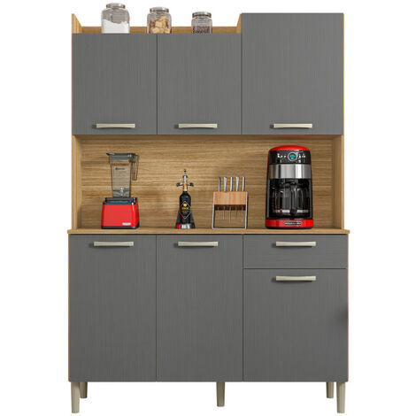 Beaux Meubles Pas Chers – Buffet de cuisine 6 portes 1 tiroir imitation chêne et gris – Largeur 122 cm – Rangement optimal avec 8 niches et 2 étagères