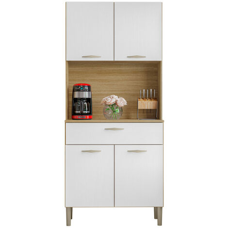 Beaux Meubles Pas Chers – Buffet de cuisine 4 portes 1 tiroir en bois certifié FSC – Imitation chêne et blanc – Dimensions L 74.5 H 170.5 P 36.3 cm