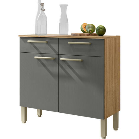 Beaux Meubles Pas Chers – Buffet bas cuisine 2 portes 2 tiroirs en chêne et gris – Dimensions 91x36.3x86 cm – 2 niches pour rangement pratique