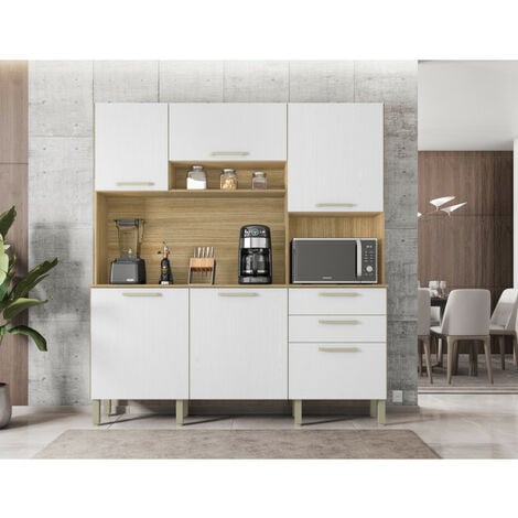 Buffet de Cuisine 6 Portes 2 Tiroirs Chêne et Blanc L 180.2 H 198 P 38.8 cm