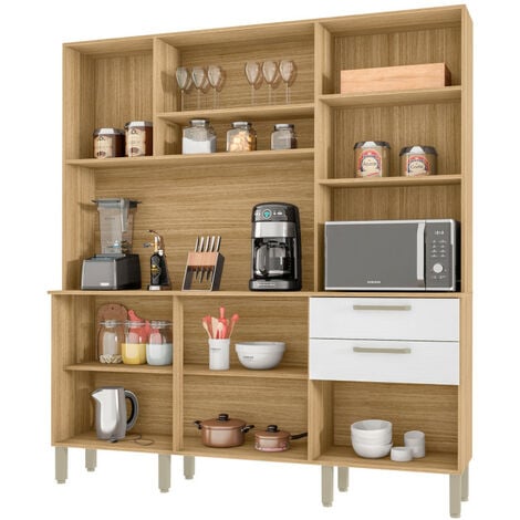 Buffet de Cuisine 6 Portes 2 Tiroirs Chêne et Blanc L 180.2 H 198 P 38.8 cm