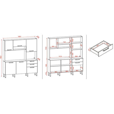 Buffet de Cuisine 6 Portes 2 Tiroirs Chêne et Blanc L 180.2 H 198 P 38.8 cm