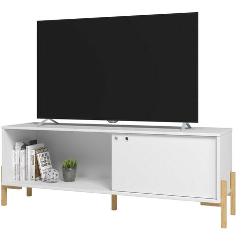 Beaux Meubles Pas Chers – Meuble TV moderne 65 pouces blanc – 1 porte coulissante – 2 niches – Bois certifié FSC – Arrière percé pour câbles (1/5)