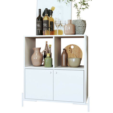 Buffet Armoire 2 Portes 4 Niches Blanc sur PIeds Métal Ronds L 74.5 H 79 P 35 cm (1/5)
