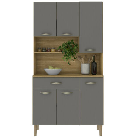 Beaux Meubles Pas Chers – Buffet de cuisine moderne 6 portes 1 tiroir imitation chêne et gris – 7 niches L 90.9 H 173.5 P 36.3 cm – Montage facile