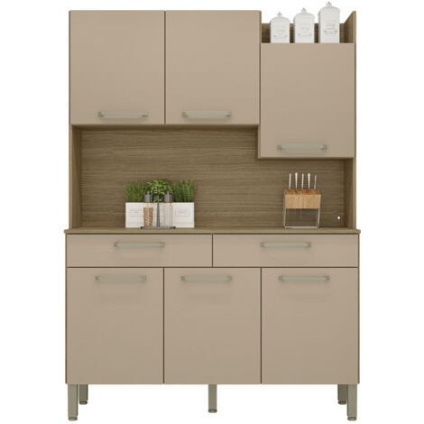 Beaux Meubles Pas Chers – Buffet de cuisine moderne 6 portes 2 tiroirs imitation chêne taupe – 10 niches – Dimensions L 132 x H 186 x P 38.8 cm (1/4)