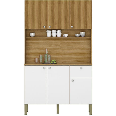 Beaux Meubles Pas Chers – Buffet de cuisine 6 portes 1 tiroir imitation bois exotique et blanc – 7 niches – Dimensions L 111 x H 185 x P 39.3 cm – Bois certifié FSC
