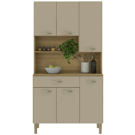 Beaux Meubles Pas Chers – Buffet de cuisine 6 portes 1 tiroir imitation chêne vanille – Dimensions L 90.9 x H 173.5 x P 36.3 cm – 7 niches et 4 pieds en plastique