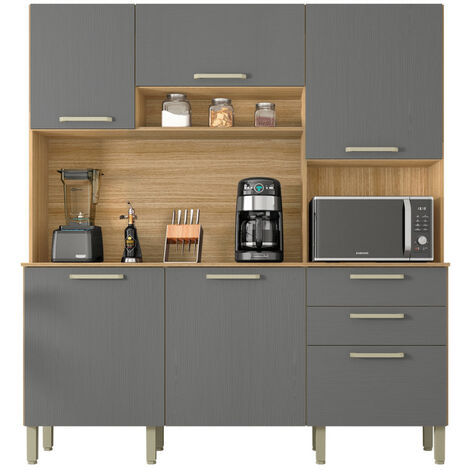 Beaux Meubles Pas Chers – Buffet de cuisine 6 portes 2 tiroirs imitation chêne et gris – Dimensions L 180.2 x H 198 x P 38.8 cm – Bois certifié FSC