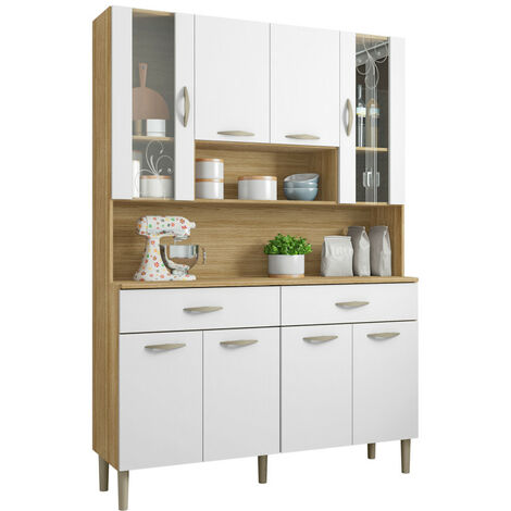 Beaux Meubles Pas Chers – Buffet de cuisine 8 portes 2 tiroirs imitation chêne et blanc – Structure en panneaux de particules – Dimensions L 121.4 H 173.5 P 36.3 cm
