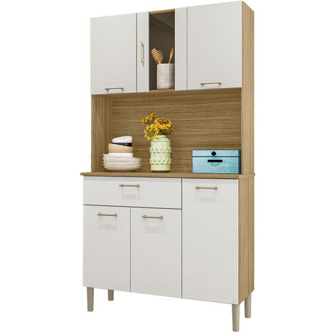 Beaux Meubles Pas Chers – Buffet de cuisine 6 portes 1 tiroir imitation chêne et blanc – 5 niches – Dimensions L92 H170.5 P36.3 cm – Bois certifié FSC