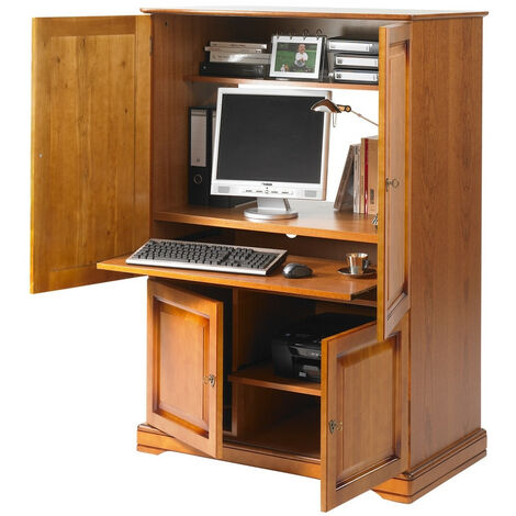 Beaux Meubles Pas Chers – Armoire informatique merisier 4 portes – 7 niches – Dimensions L 97 H 141 P 54 cm – Arrière percé pour passage câbles (1/5)