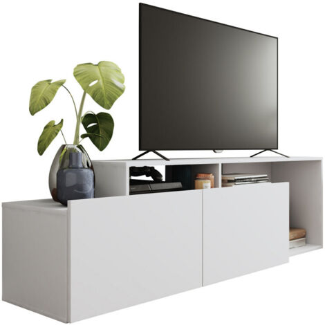 Beaux Meubles Pas Chers – Meuble TV 50 pouces blanc – 2 portes abattantes – 6 niches de rangement – Dimensions L 164 x H 46.5 x P 37.5 cm (1/5)
