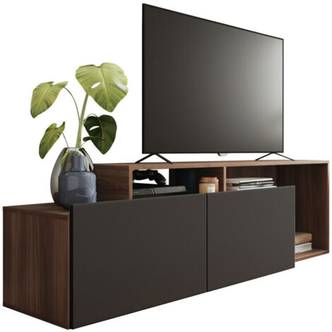 Beaux Meubles Pas Chers – Meuble TV moderne 50 pouces – Noir et imitation chêne foncé – Dimensions L 164 x H 46.5 x P 37.5 cm – Rangement fonctionnel avec 2 abattants (1/5)