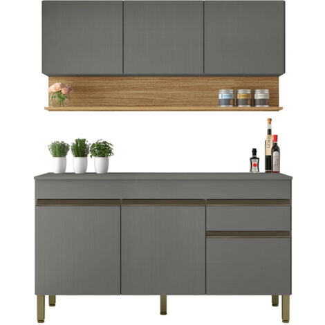 Beaux Meubles Pas Chers – Cuisine équipée 6 portes 1 tiroir imitation chêne et gris – Dimensions L 150 H 200 P 53.3 cm – Rangement optimisé avec niches et tiroirs (1/4)