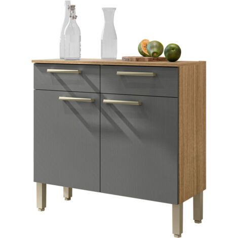 Beaux Meubles Pas Chers – Buffet bas meuble cuisine 2 portes 2 tiroirs en imitation chêne et gris – Dimensions L 90.9 x H 86 x P 36.3 cm – Glissières métal durables