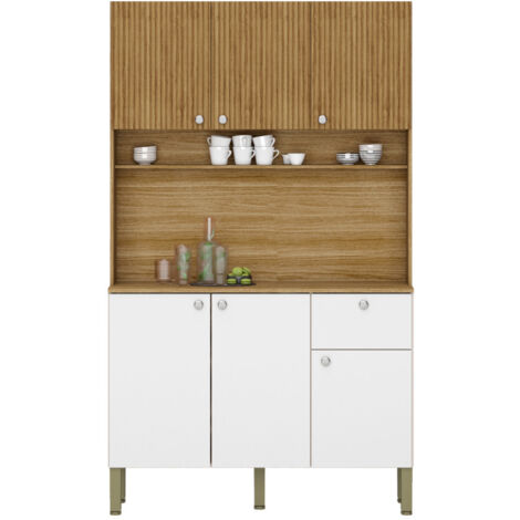 Beaux Meubles Pas Chers – Buffet de cuisine 6 portes 1 tiroir en chêne et blanc structuré – 7 niches pratiques – Dimensions L 111 x H 185 x P 39.3 cm (1/4)