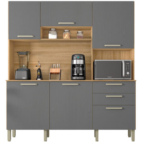 Beaux Meubles Pas Chers – Buffet de cuisine 6 portes 2 tiroirs imitation chêne et gris L 180.2 H 198 P 38.8 cm – Bois certifié FSC – 12 niches et 3 tablettes