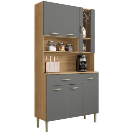 Beaux Meubles Pas Chers – Buffet de cuisine 6 portes 1 tiroir en imitation chêne et gris – Dimensions L 90.9 x H 173.5 x P 36.3 cm – Rangement fonctionnel avec 7 niches (1/4)