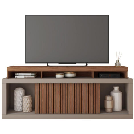 Beaux Meubles Pas Chers – Meuble TV 180 cm pour TV 70 pouces – Imitation wengé et gris – 2 portes coulissantes – 3 niches sous plateau – Bois certifié FSC (1/5)