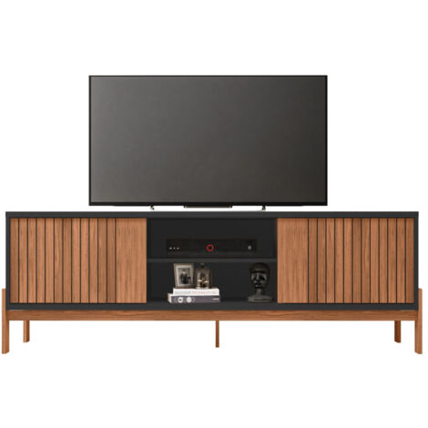 Meuble TV 72 Pouces Chêne et Noir 2 Portes 4 Niches L 180.6 H 62.6 P 36 cm (1/5)