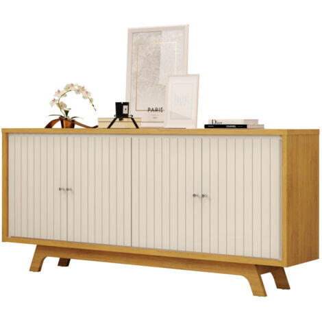Beaux Meubles Pas Chers – Buffet 4 portes miel et blanc écru – Dimensions L 180 x H 80.5 x P 35.7 cm – Bois certifiés FSC – 4 niches pour rangement optimisé (1/5)