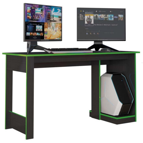 Beaux Meubles Pas Chers – Bureau gamer noir avec chants verts – Dimensions L 136 x H 75 x P 54 cm – Structure en panneaux de particules FSC – Ergonomique et esthétique