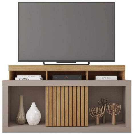 Beaux Meubles Pas Chers – Meuble TV 55 pouces chêne gris – 1 porte coulissante – 6 roulettes pour mobilité – Dimensions L 136 x H 74 x P 39 cm (1/5)