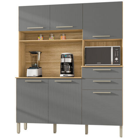 Beaux Meubles Pas Chers – Buffet de cuisine 6 portes 2 tiroirs imitation chêne et gris – Dimensions L 160.7 H 196 P 38.8 cm – 11 niches pour rangement optimal