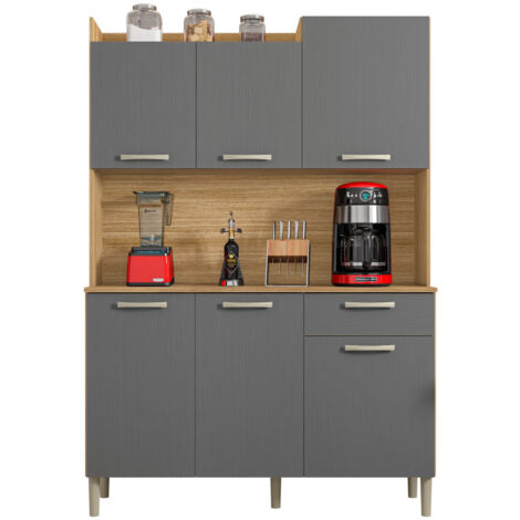 Beaux Meubles Pas Chers – Buffet de cuisine 6 portes 1 tiroir imitation chêne et gris – Dimensions L 121.5 H 176 P 36.3 cm – 8 niches et 2 étagères