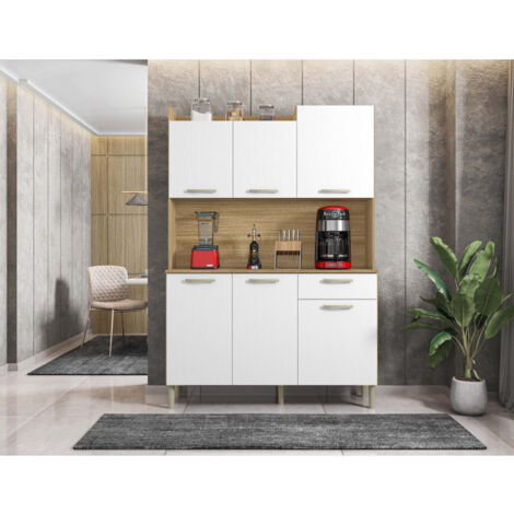 Buffet de Cuisine 6 Portes 1 Tiroir Chêne et Blanc L 121.5 H 176 P 36.3 cm