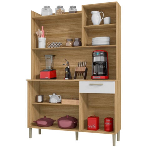 Buffet de Cuisine 6 Portes 1 Tiroir Chêne et Blanc L 121.5 H 176 P 36.3 cm