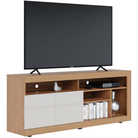 Meuble TV 65 Pouces Chêne et Blanc 2 Portes 6 Niches Roulettes L 160 H 68 P 37.4 cm (1/5)