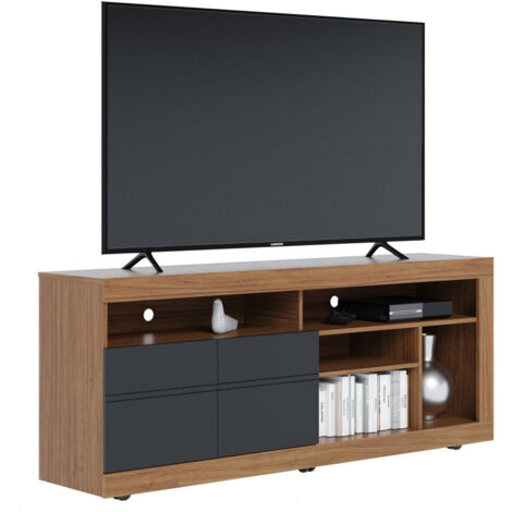 Beaux Meubles Pas Chers – Meuble TV moderne 160 cm en chêne et anthracite – 2 portes – 6 niches – Roulettes avec frein – Supporte TV jusqu'à 35 kg (1/5)