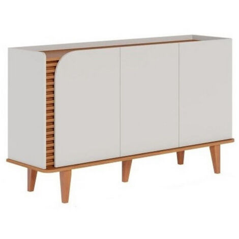 Beaux Meubles Pas Chers – Buffet bas 3 portes 5 niches blanc et imitation chêne – Structure en panneaux de particules – Pieds en bois massif eucalyptus – L 136 H 79.2 P 39.3 cm (1/5)