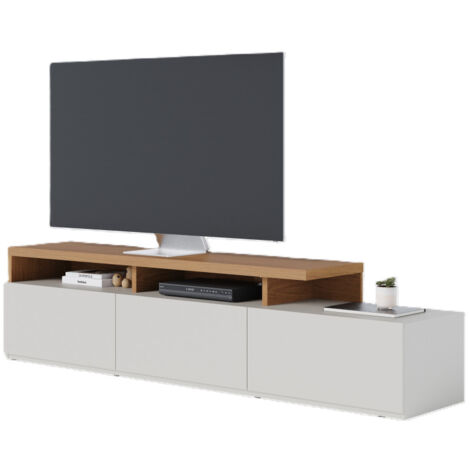 Beaux Meubles Pas Chers – Meuble TV Bar 70 pouces en chêne et blanc – 3 portes abattantes – 6 niches – Dimensions L 210 x H 50.6 x P 45.3 cm – Charge max 40 kg (1/5)