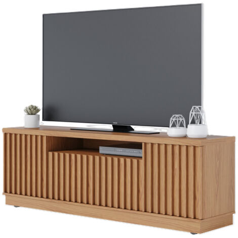 Beaux Meubles Pas Chers – Meuble TV chêne imitation 4 portes – 7 niches – 6 roulettes – Dimensions L 180 x H 61.4 x P 42.8 cm – Supporte jusqu'à 40 kg (1/5)