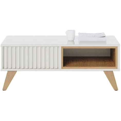Beaux Meubles Pas Chers – Table basse fixe 2 niches – Bois blanc et chêne – Dimensions L 90.5 cm H 54 cm P 35.2 cm – Pieds en eucalyptus massif (1/5)