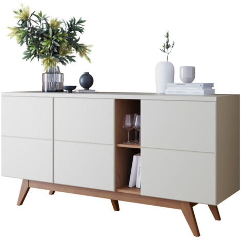 Beaux Meubles Pas Chers – Buffet bas 3 portes 7 niches blanc et chêne – 5 pieds en bois massif – Dimensions L 160 x H 80.2 x P 44.5 cm – Rangement optimal (1/5)