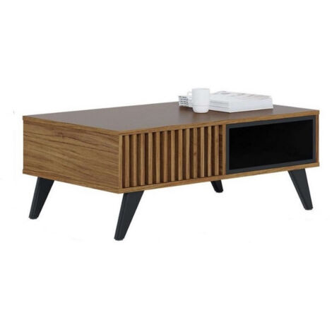 Table Basse 2 Niches 4 Pieds Bois Noyer et Noir L 90.5 H 54 P 35.2 cm (1/5)
