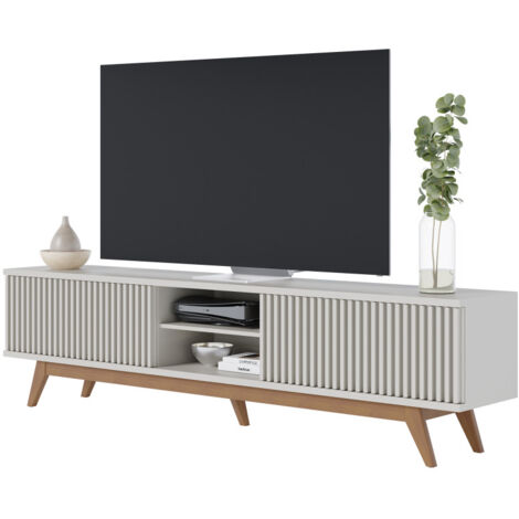 Meuble TV 75 Pouces Blanc Pieds Bois 4 Portes 8 Niches L 218 H 57 P 40 cm (1/5)