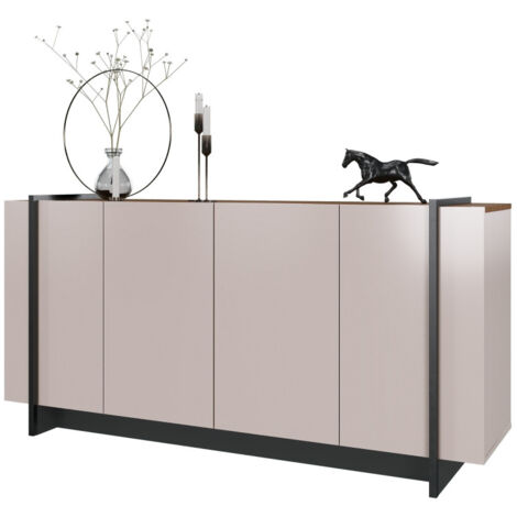Beaux Meubles Pas Chers – Buffet bas 4 portes blanc écru et imitation noyer – 6 niches L 160 cm H 79.7 cm P 42.5 cm – Bois certifié FSC pour durabilité (1/5)
