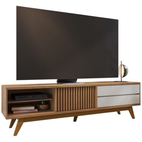 Beaux Meubles Pas Chers – Meuble TV 75 pouces imitation chêne et blanc – 1 porte, 2 tiroirs, 3 niches – Dimensions L 200 x H 55.2 x P 37.7 cm (1/5)