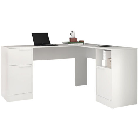 Beaux Meubles Pas Chers – Bureau d'angle blanc avec 2 caissons et 1 tiroir – Dimensions L 160 x H 78.5 x P 134.5 cm – Panneaux mélaminés pour durabilité (1/5)