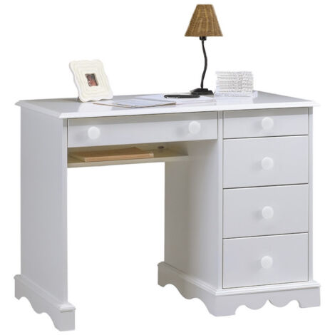 Bureau 1 Caisson 5 Tiroirs Blanc 1 Etagère Style Anglais L 100 H 74.7 P 58.3 cm (1/3)