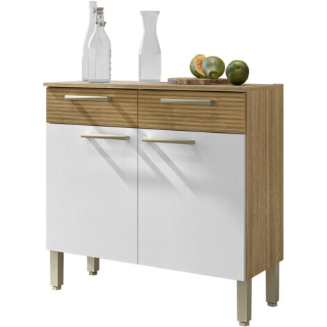 Buffet Bas 2 Portes 2 Tiroirs Chêne et Blanc 2 Niches Larg 90,9 H 86 P 36,3 cm